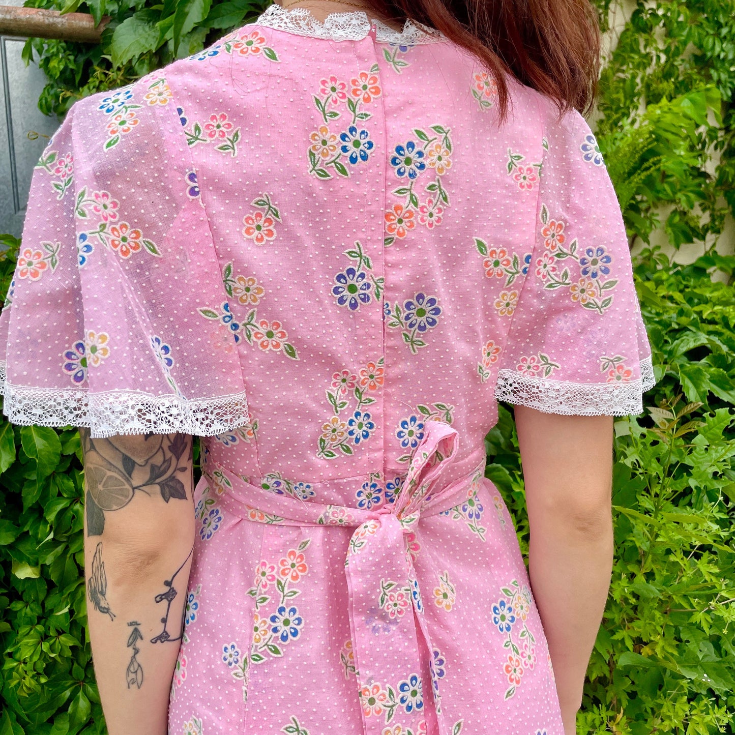 vtg 70s PINK FLUTTER SLEEVE gown // pink swiss dot cape sleeve textured pastel full length baby pink flowy hippie retro barbie fairy maxi