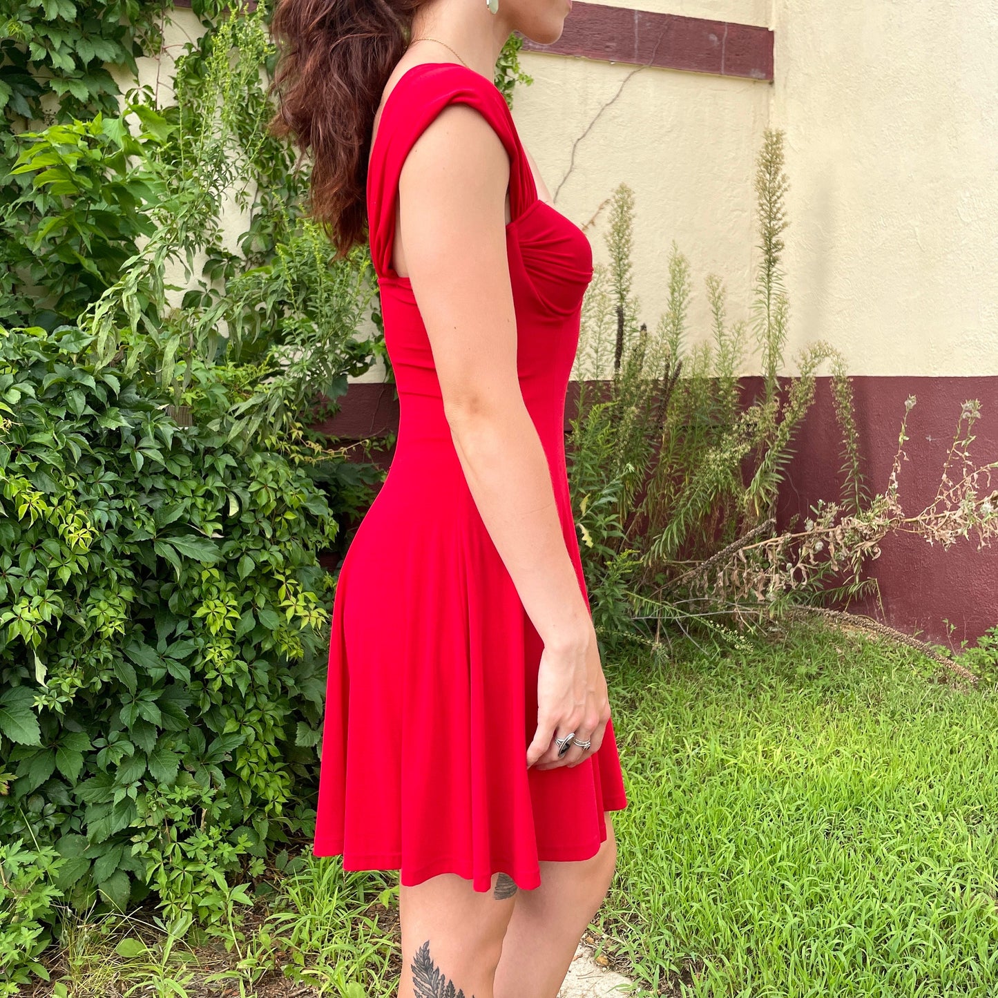 vtg 90s RED MINI DRESS // off the shoulder push up fit n flare sexy cocktail party style slinky spandex bright red special occasion gothic