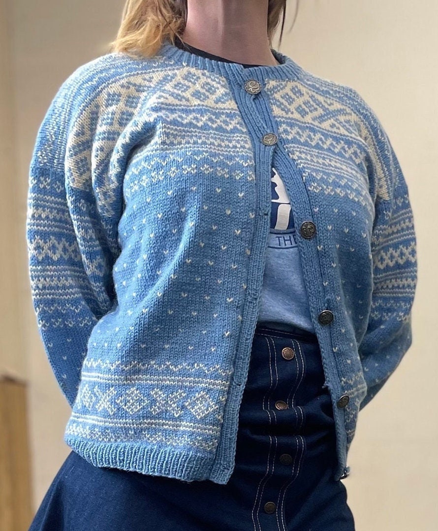 vtg 50s BLUE NORDIC SWEATER // vintage hand knit large Sidsel Homb pastel wool cardigan fair isle winter cottage style festive holiday top