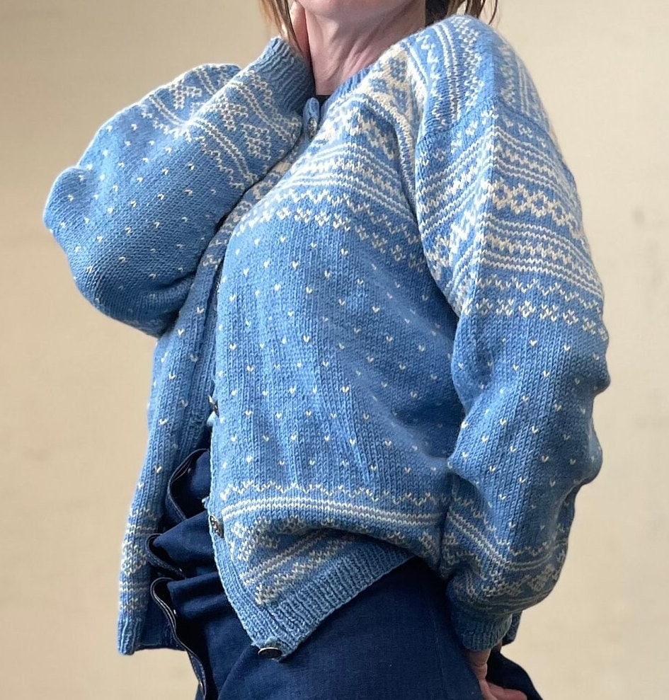 vtg 50s BLUE NORDIC SWEATER // vintage hand knit large Sidsel Homb pastel wool cardigan fair isle winter cottage style festive holiday top