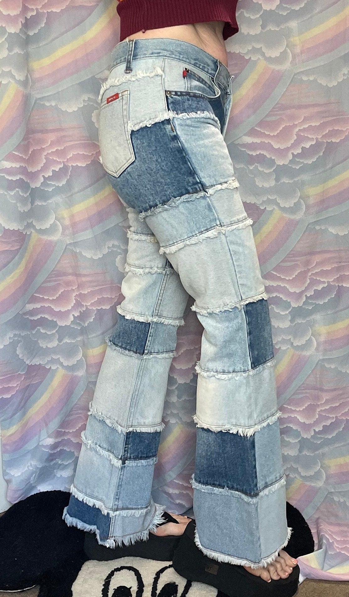 vintage Y2K ZANA DI PATCHWORK Jeans // vintage mid rise bell bottoms light wash jeans 90s grunge bell bottom fringe geometric hippie boho