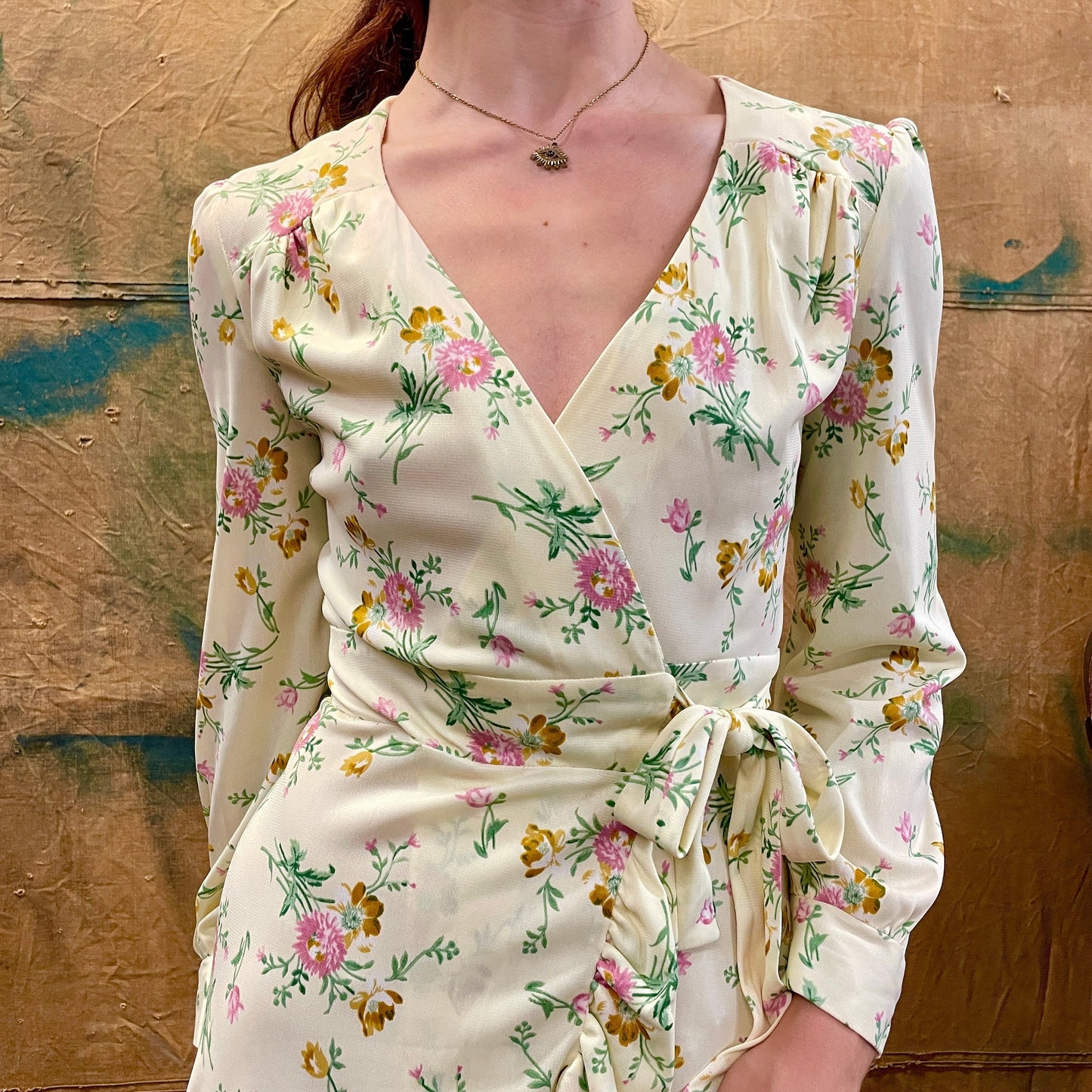vtg 70s FLORAL MINI WRAP Mini Dress // soft slinky tie waist v neck ruffle hem lightweight bouquet print summer night flowy hippie party