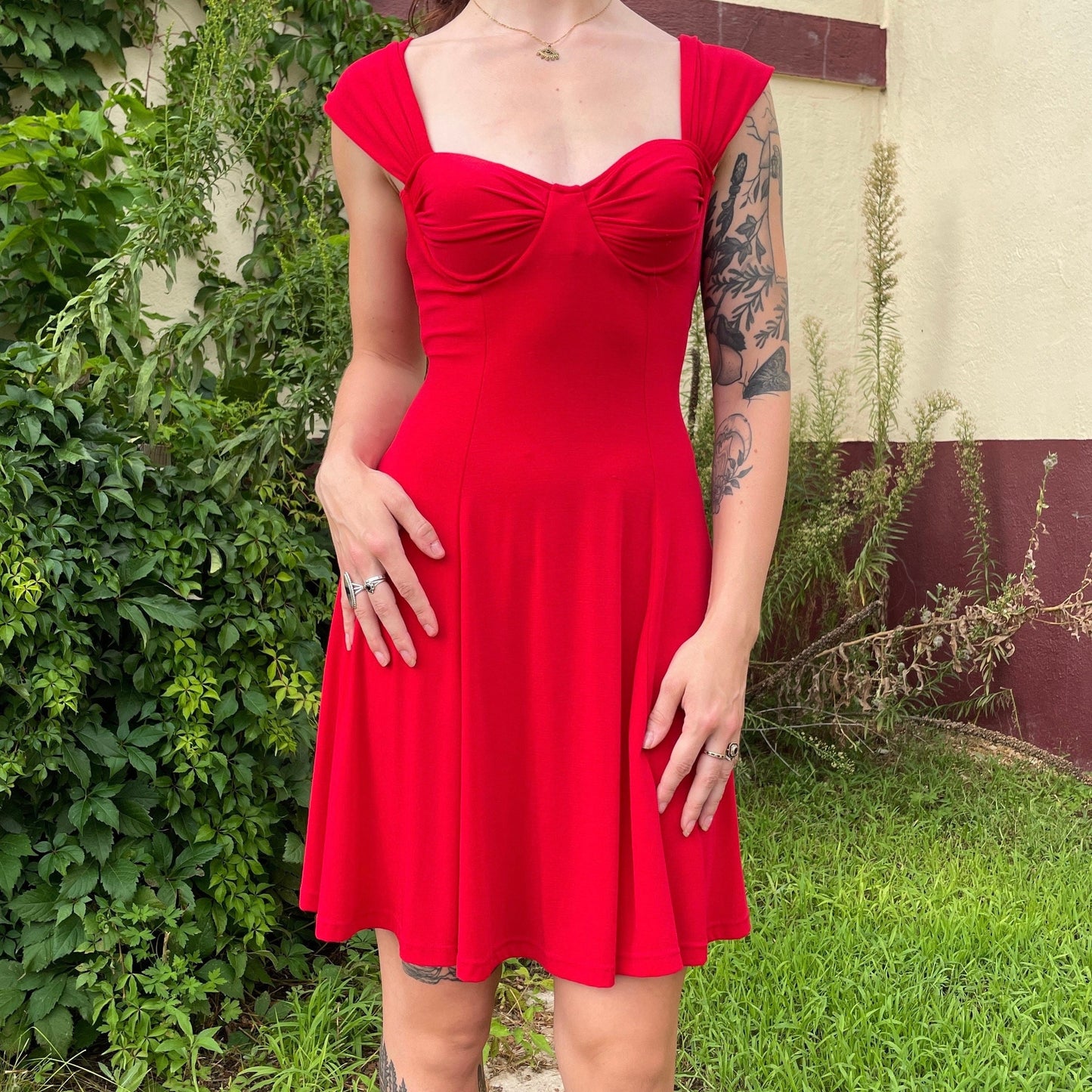 vtg 90s RED MINI DRESS // off the shoulder push up fit n flare sexy cocktail party style slinky spandex bright red special occasion gothic