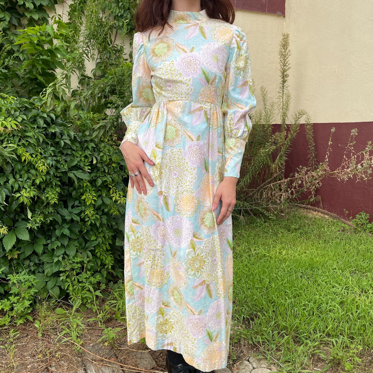 vtg 70s PASTEL FLORAL DRESS // bishop sleeve bright flower power maxi prairie boho bohemian juliet ethereal hippie movie prop dressing gown