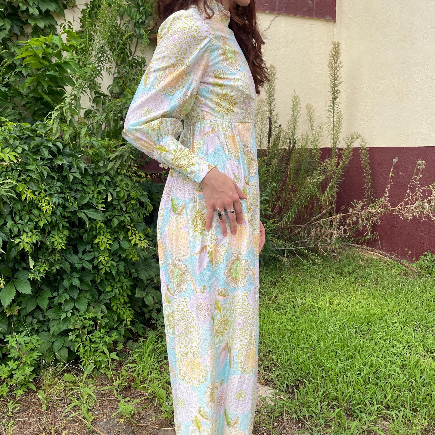 vtg 70s PASTEL FLORAL DRESS // bishop sleeve bright flower power maxi prairie boho bohemian juliet ethereal hippie movie prop dressing gown