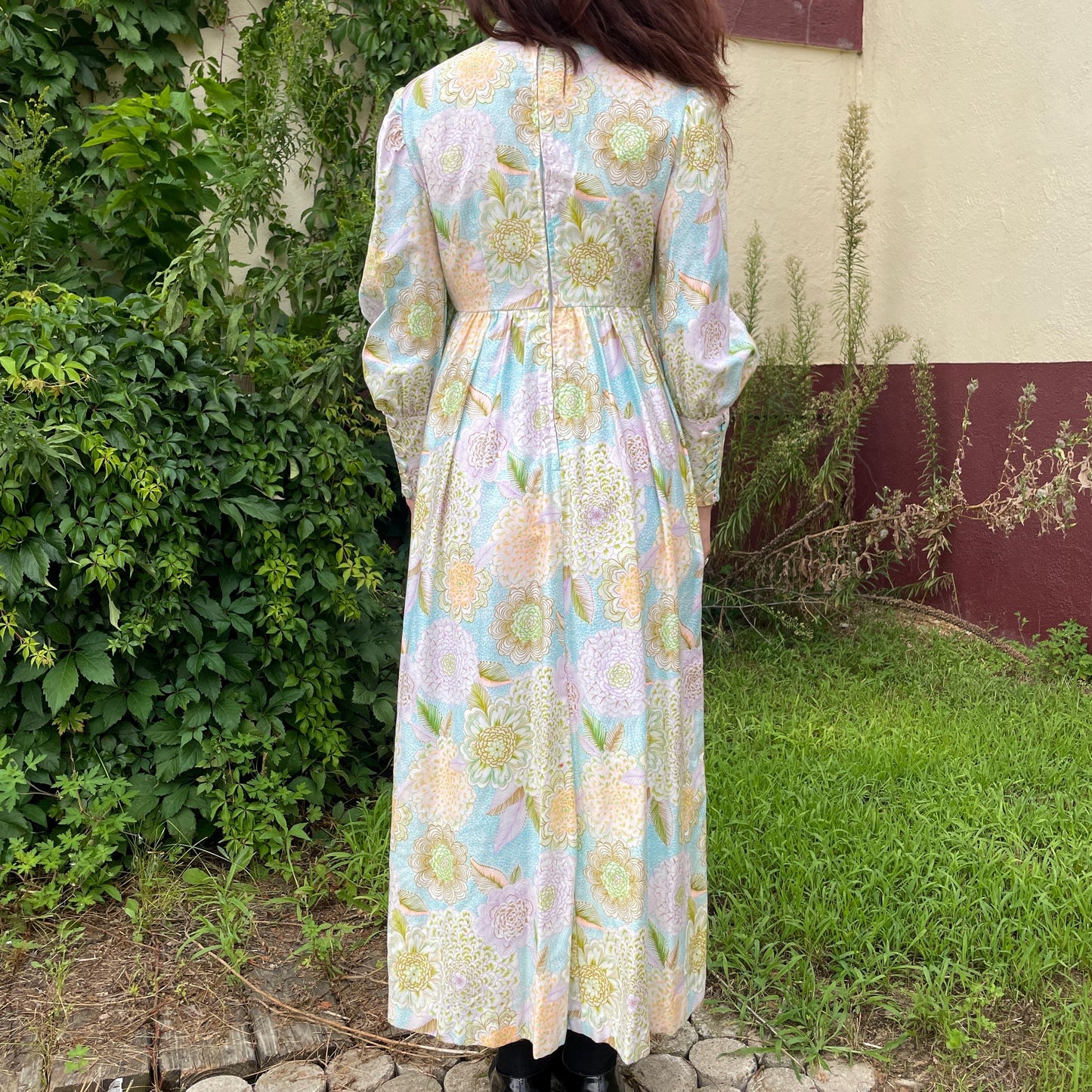 vtg 70s PASTEL FLORAL DRESS // bishop sleeve bright flower power maxi prairie boho bohemian juliet ethereal hippie movie prop dressing gown