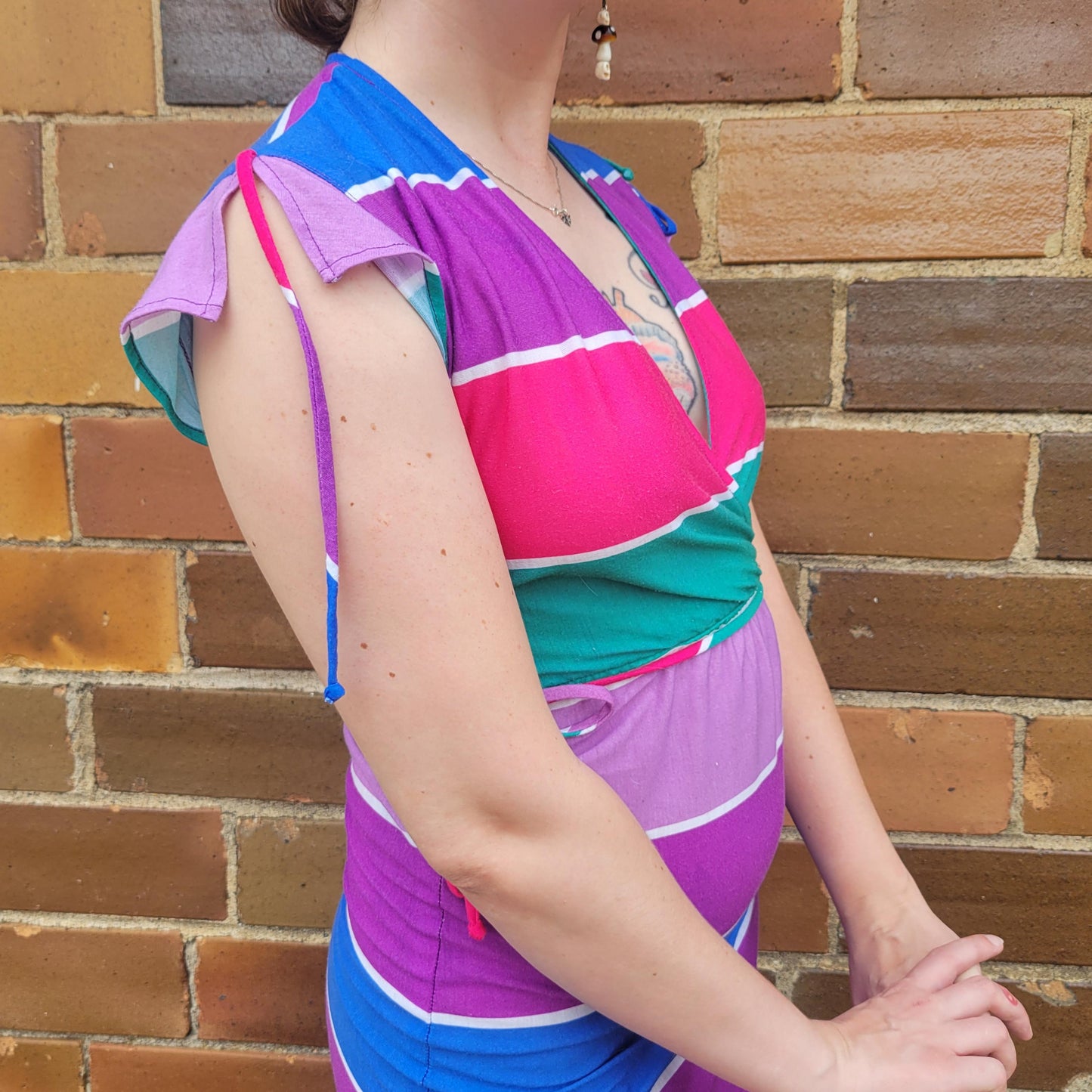 vtg 80s STRIPED COLORFUL DRESS // deep vee belted knee length neon wild psychedelic retro party summer fall roller disco barbie pink mauve