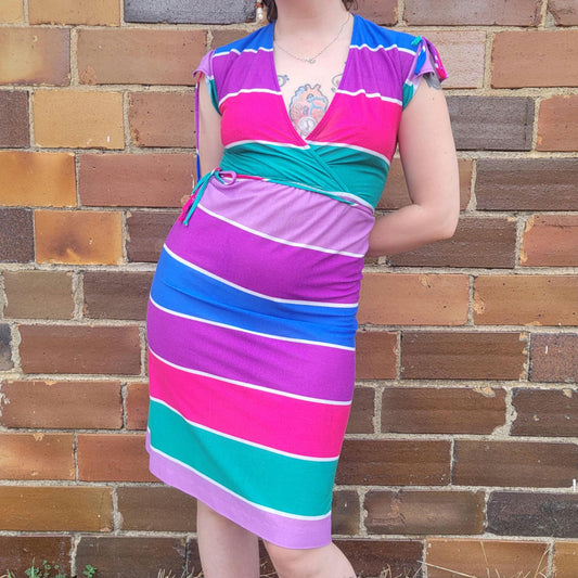 vtg 80s STRIPED COLORFUL DRESS // deep vee belted knee length neon wild psychedelic retro party summer fall roller disco barbie pink mauve
