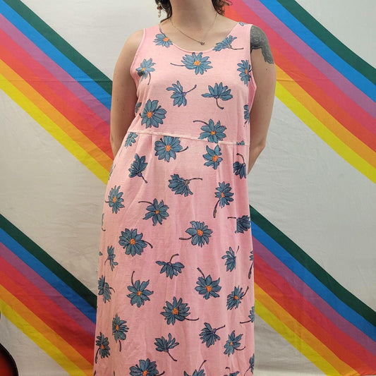 vtg 90s PINK FLORAL DRESS // fresh produce candy tones flower print pastel  lightweight summer tank dress slouchy oversized medium casual