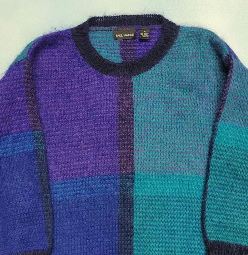 vtg 90s FUZZY MOHAIR SWEATER // dress Paul Harris baggy two tone y2k hottie color block turqoise blue purple tones style friends lisa