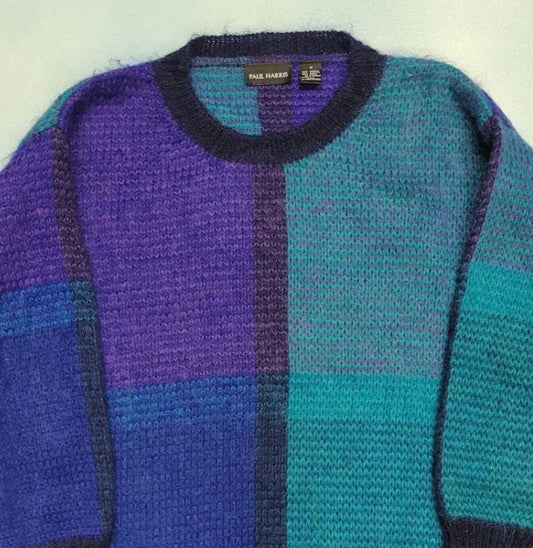vtg 90s FUZZY MOHAIR SWEATER // dress Paul Harris baggy two tone y2k hottie color block turqoise blue purple tones style friends lisa