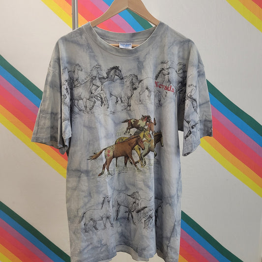 vtg 90s NEVADA TIE DYE Shirt // vintage gildan xl wild horses western all over print traveler souvenir retro graphic baggy soft distressed