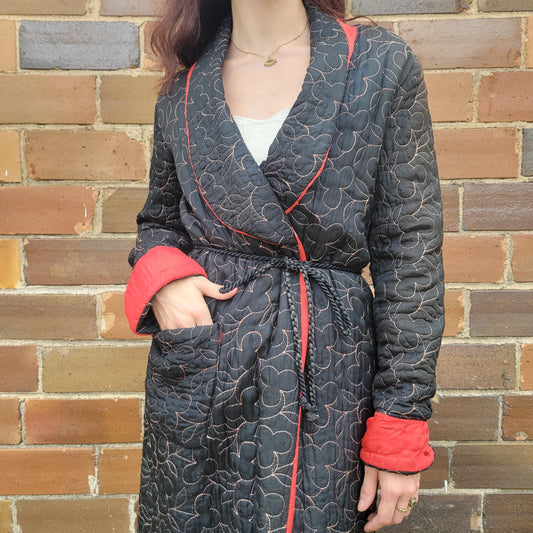 vtg 1940s RED & BLACK ROBE jacket // textured shawl collar red lined gothic house dressing gown embroidered stitched long smoking jacket