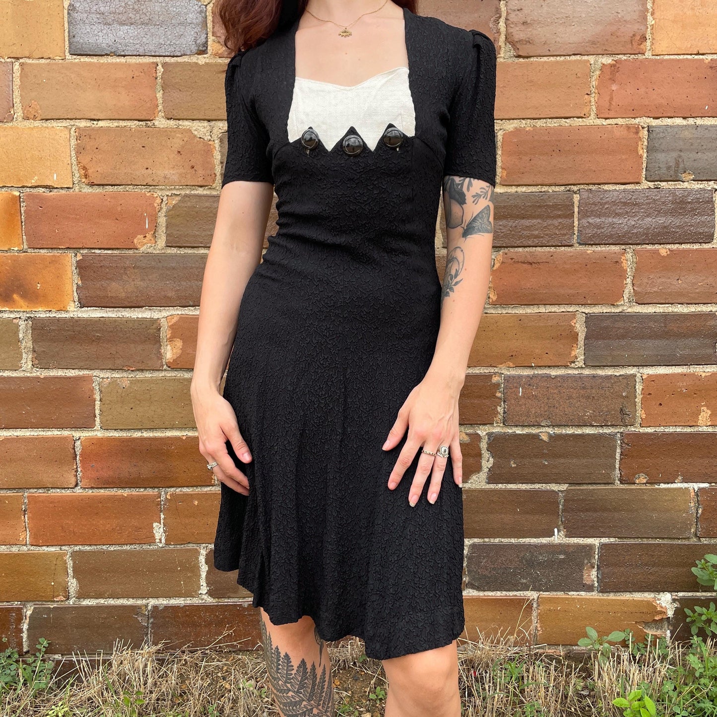 vtg 1930s BLACK & WHITE DECO dress // slinky inky black rayon shelf bust crepe art deco gothic mini dress cruella Halloween autumn