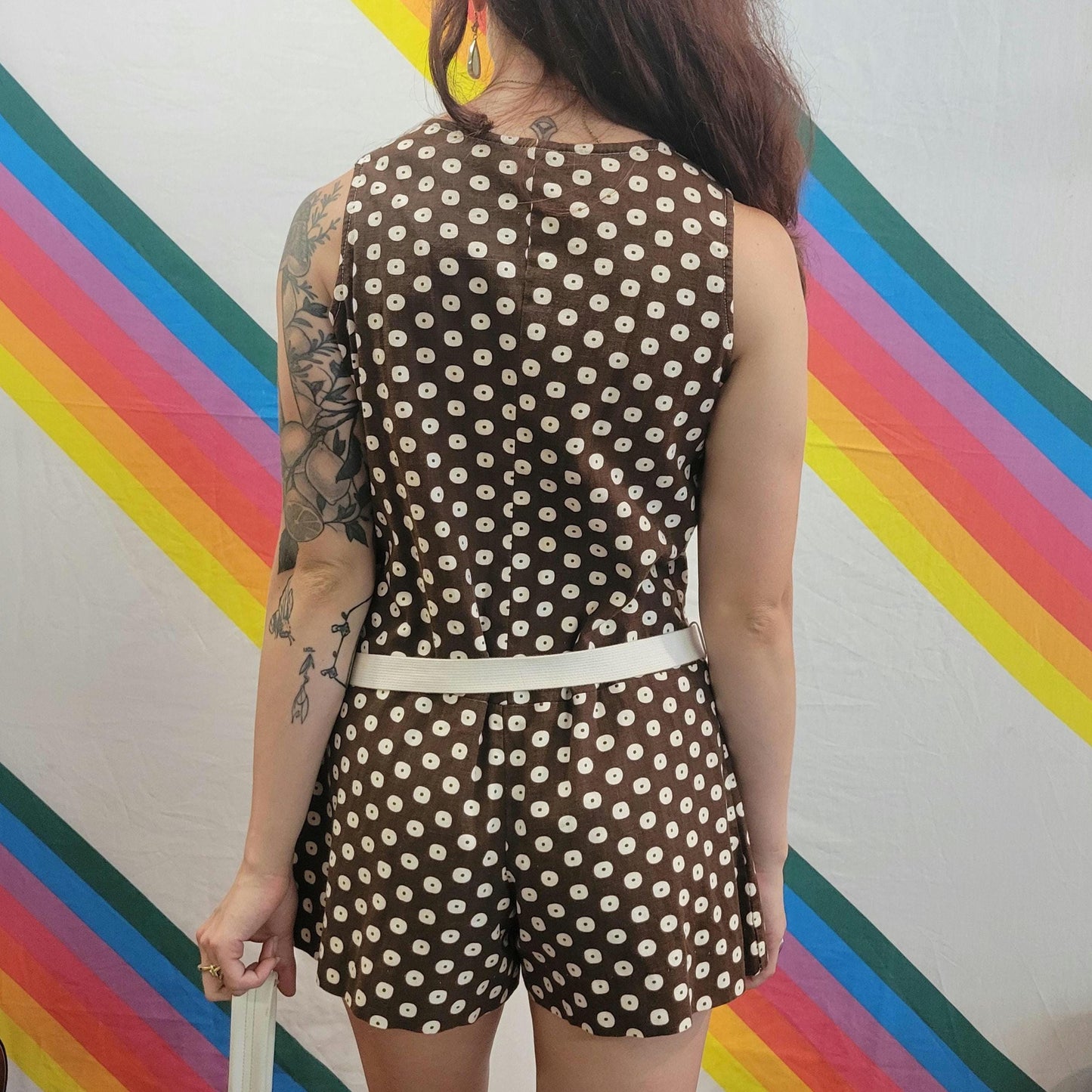 vtg MOD BROWN ROMPER // polka dot belted neutral tones go go tank mini dress scooter retro mini skirt hot pants abstract print autumn fall