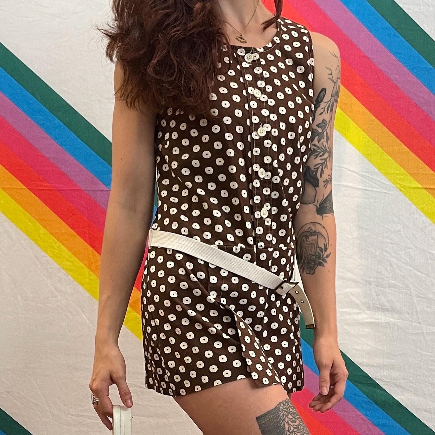 vtg MOD BROWN ROMPER // polka dot belted neutral tones go go tank mini dress scooter retro mini skirt hot pants abstract print autumn fall