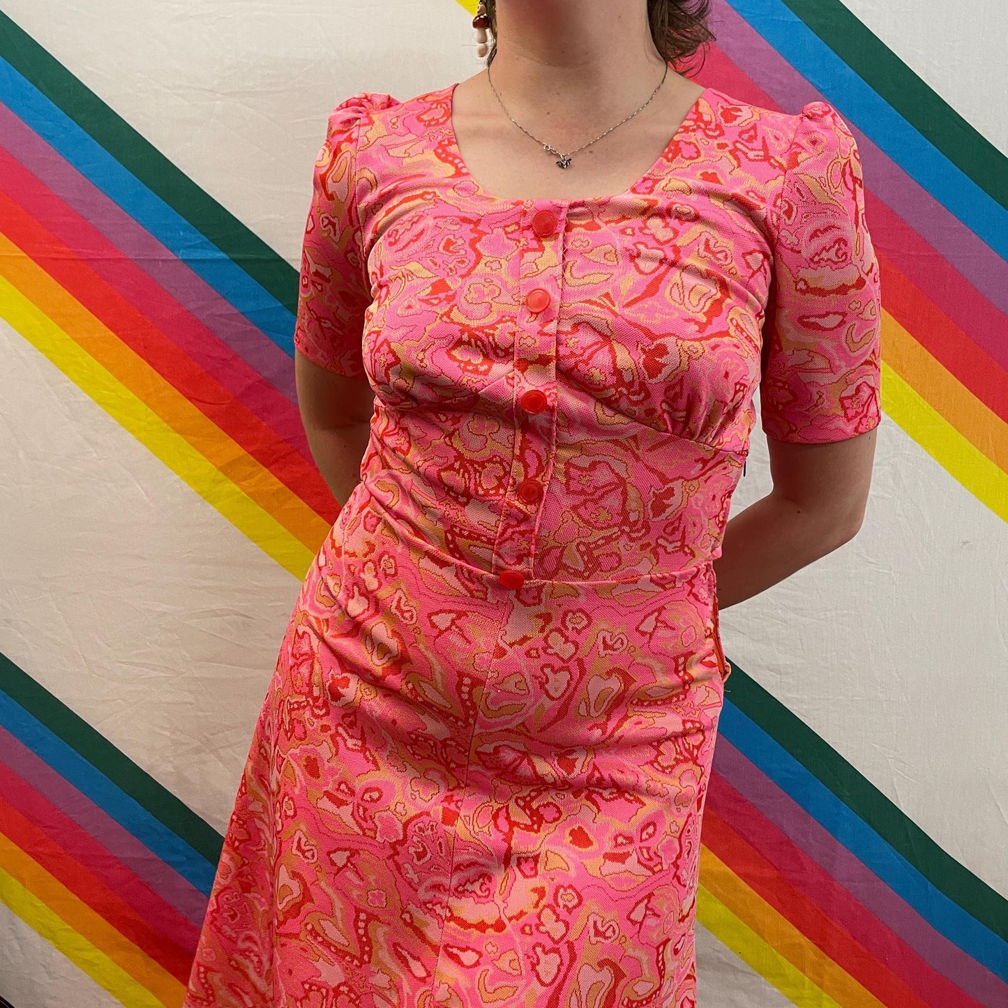 vtg 70s ABSTRACT PINK LAVA Lamp dress // trippy psychedelic acid drip funky neon retro belted button up midi autumn fall halloween party