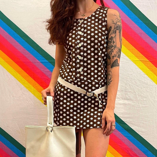 vtg MOD BROWN ROMPER // polka dot belted neutral tones go go tank mini dress scooter retro mini skirt hot pants abstract print autumn fall