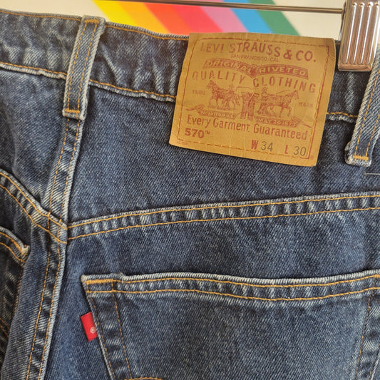 vtg 90s LEVIS 570 JEANS 34  /// vintage baggy jeans dark wash red tag levis denim skater thin 1990s jeans casual autumn retro unisex grunge