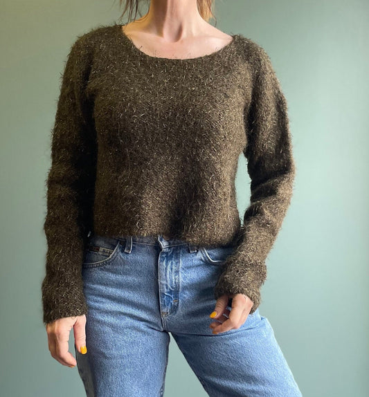 vtg 90s Y2K MOHAIR SWEATER // moss green fuzzy scoop neck fitted jumper metallic knit cropped 80s Sweater earth tone cute neutral minimalist