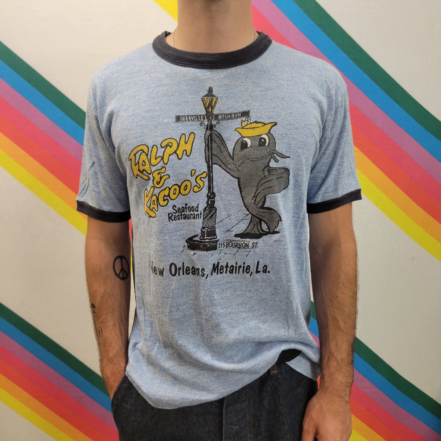 vtg 70s RALPH & KACOOS SHIRT // vintage seafood restaurant ringer new orleans louisiana bourbon street diamond soft thin mens large catfish