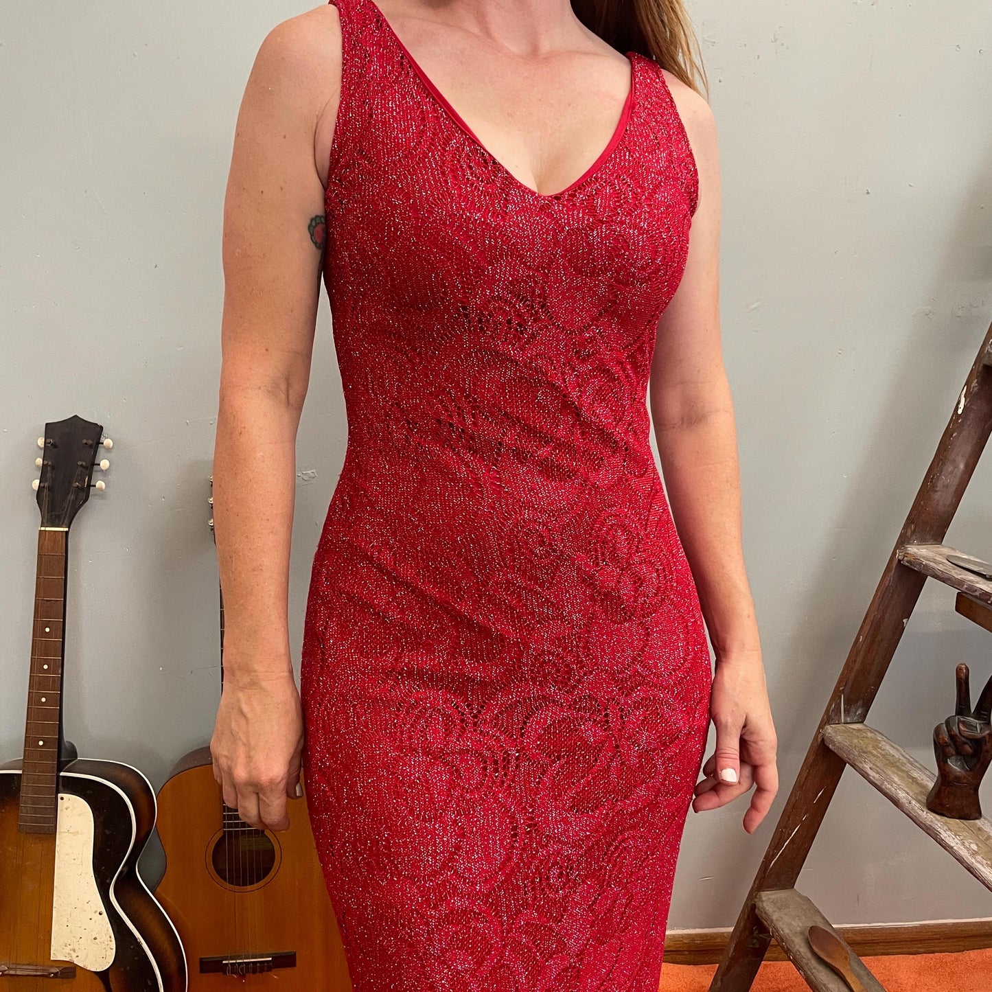 vtg 90s RED GLITTER FRINGE dress // sparkly silver beaded slinky tank evening gown dinner party retro 70s style