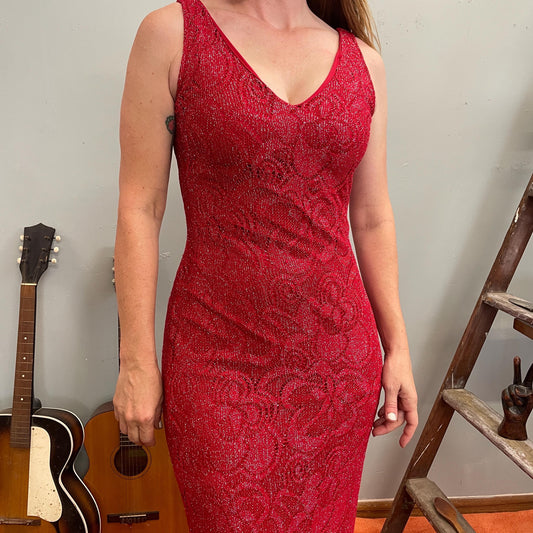 vtg 90s RED GLITTER FRINGE dress // sparkly silver beaded slinky tank evening gown dinner party retro 70s style