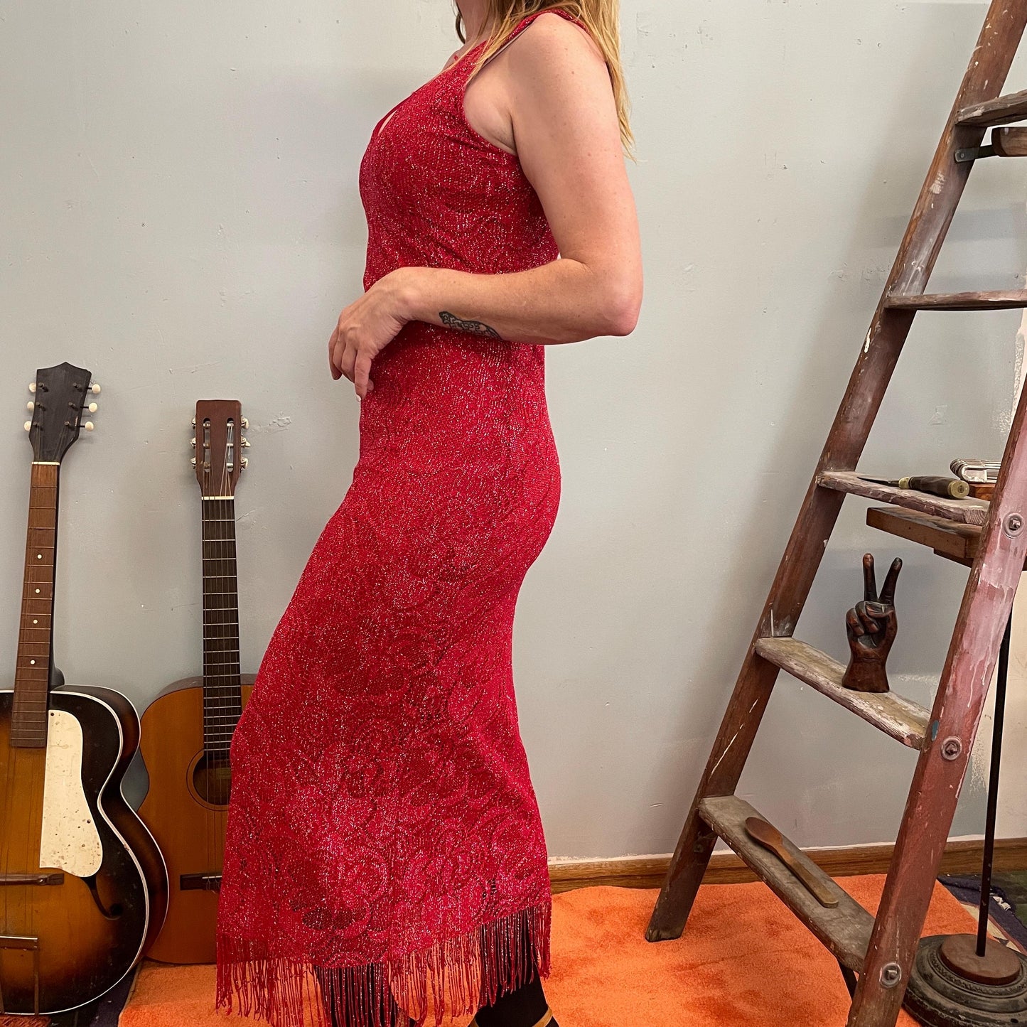 vtg 90s RED GLITTER FRINGE dress // sparkly silver beaded slinky tank evening gown dinner party retro 70s style