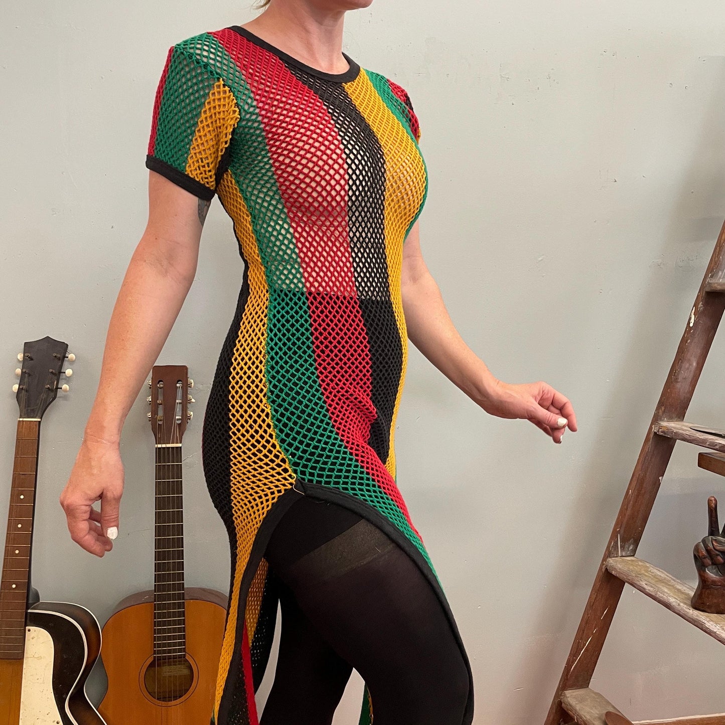 vtg Y2K RAGGAE CROCHET DRESS // 90s mesh beach cover up striped knit sexy Rasta hippie stoner see through maxi retro soccer sporty style