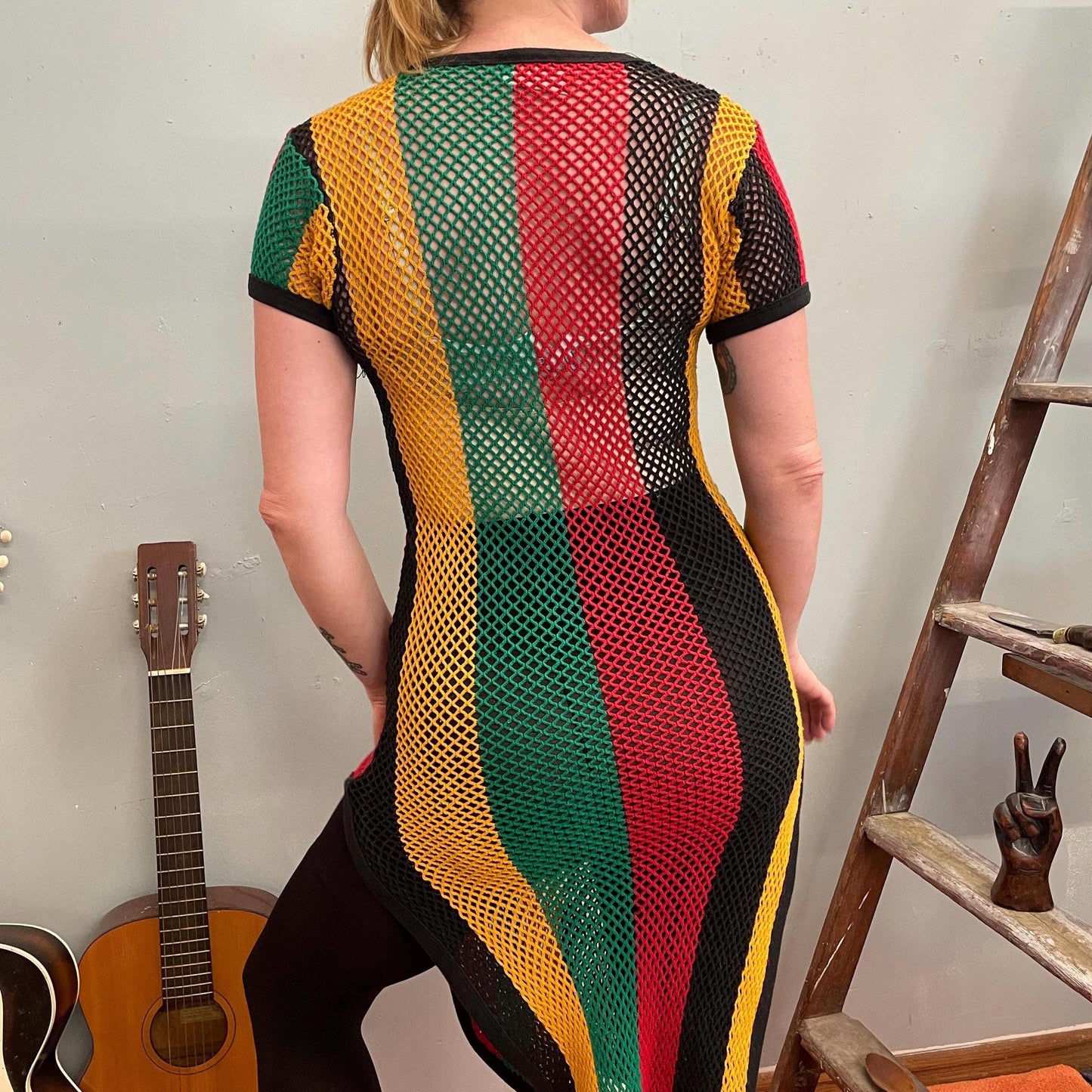 vtg Y2K RAGGAE CROCHET DRESS // 90s mesh beach cover up striped knit sexy Rasta hippie stoner see through maxi retro soccer sporty style