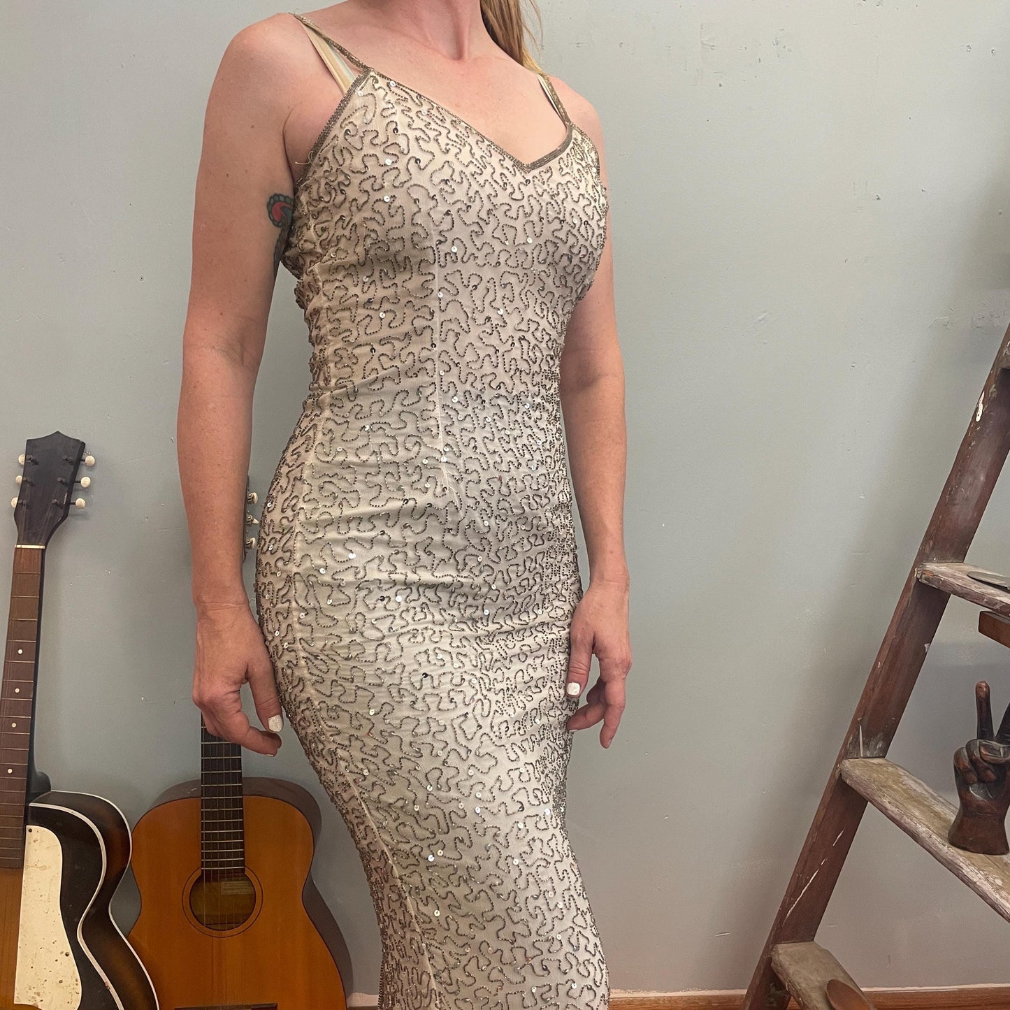 vtg 90s BEADED FORMAL DRESS // embellished abstract sequin long sexy shelf bust fancy gown silver fairy asymmetrical sparkly glitter