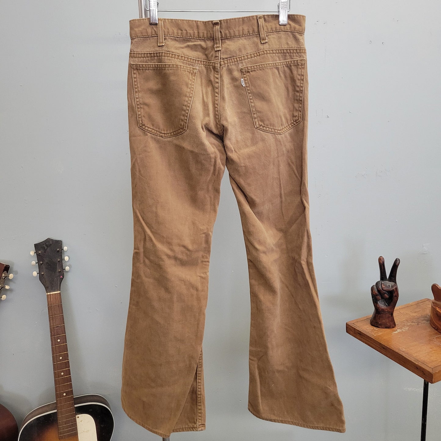 vtg 70s BROWN LEVIS JEANS / vintage distressed soft cotton flares khaki beige flare hippie rustic brown boot cut pants white tab earth tones