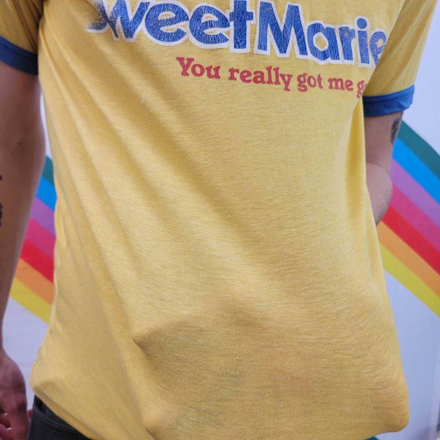 vtg 80s SWEET MARIE RINGER tshirt // vintage rare candy discontinued snack shirt paper thin comfy  distressed worn threadbare retro slogan