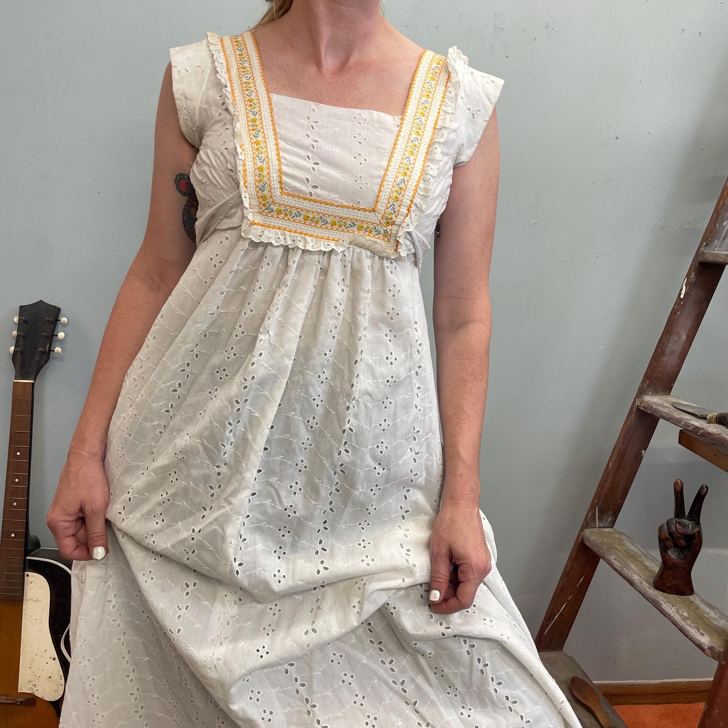 vtg 70s PRAIRIE MAXI DRESS // eyelet lace cotton gunne sax style hippie boho peasant renaissance maiden goddess summer fall tank full length