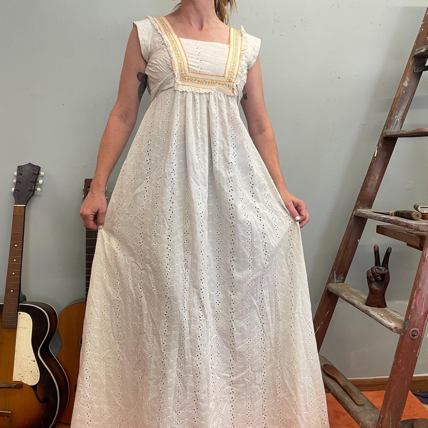 vtg 70s PRAIRIE MAXI DRESS // eyelet lace cotton gunne sax style hippie boho peasant renaissance maiden goddess summer fall tank full length