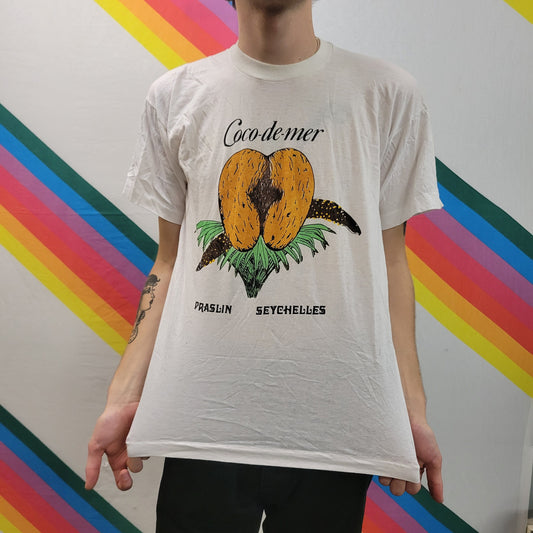 vtg 90s COCO DE MER Shirt // vintage 80s praslin seychelles islands tropical travel vacation resort paper thin single stitch fruit palm tree