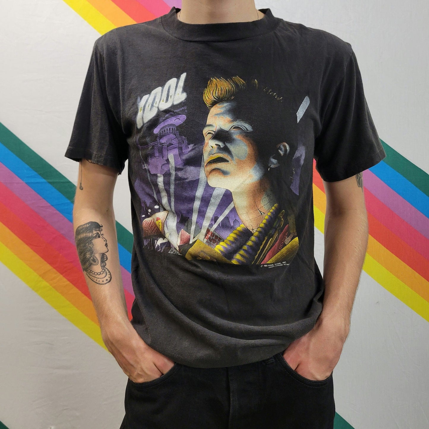 vtg 90s BILLY IDOL SHIRT // vintage brockum medium unisex authentic punk rock band tee charmed life world tour single stitch 80s art nouveau