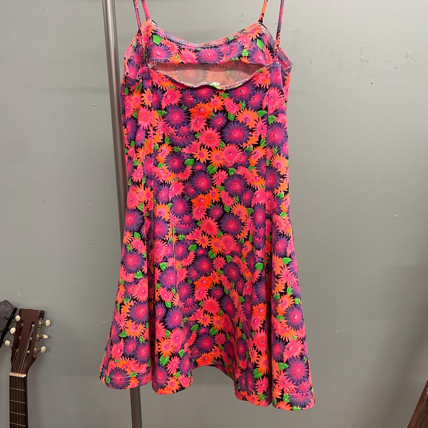 vtg 90s NEON FLORAL MINI dress // neon hot pink flower power twirly slinky spaghetti strap tank dress club dance fairy rave beverly hills