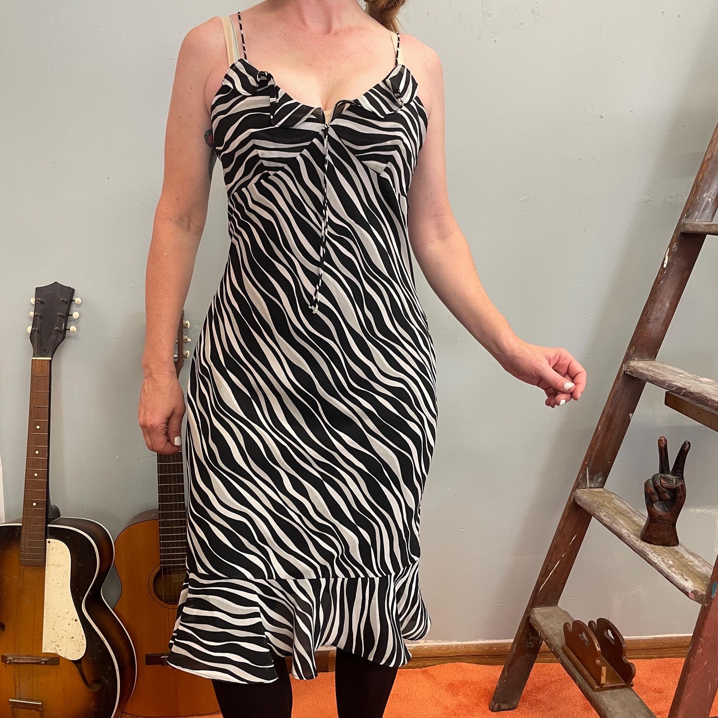 vtg 90s FLOWY ZEBRA PRINT dress //  animal print bias cut silky chiffon spaghetti strap all over print patterned Y2K party tank dress brat