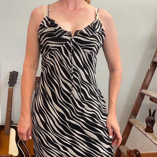 vtg 90s FLOWY ZEBRA PRINT dress //  animal print bias cut silky chiffon spaghetti strap all over print patterned Y2K party tank dress brat