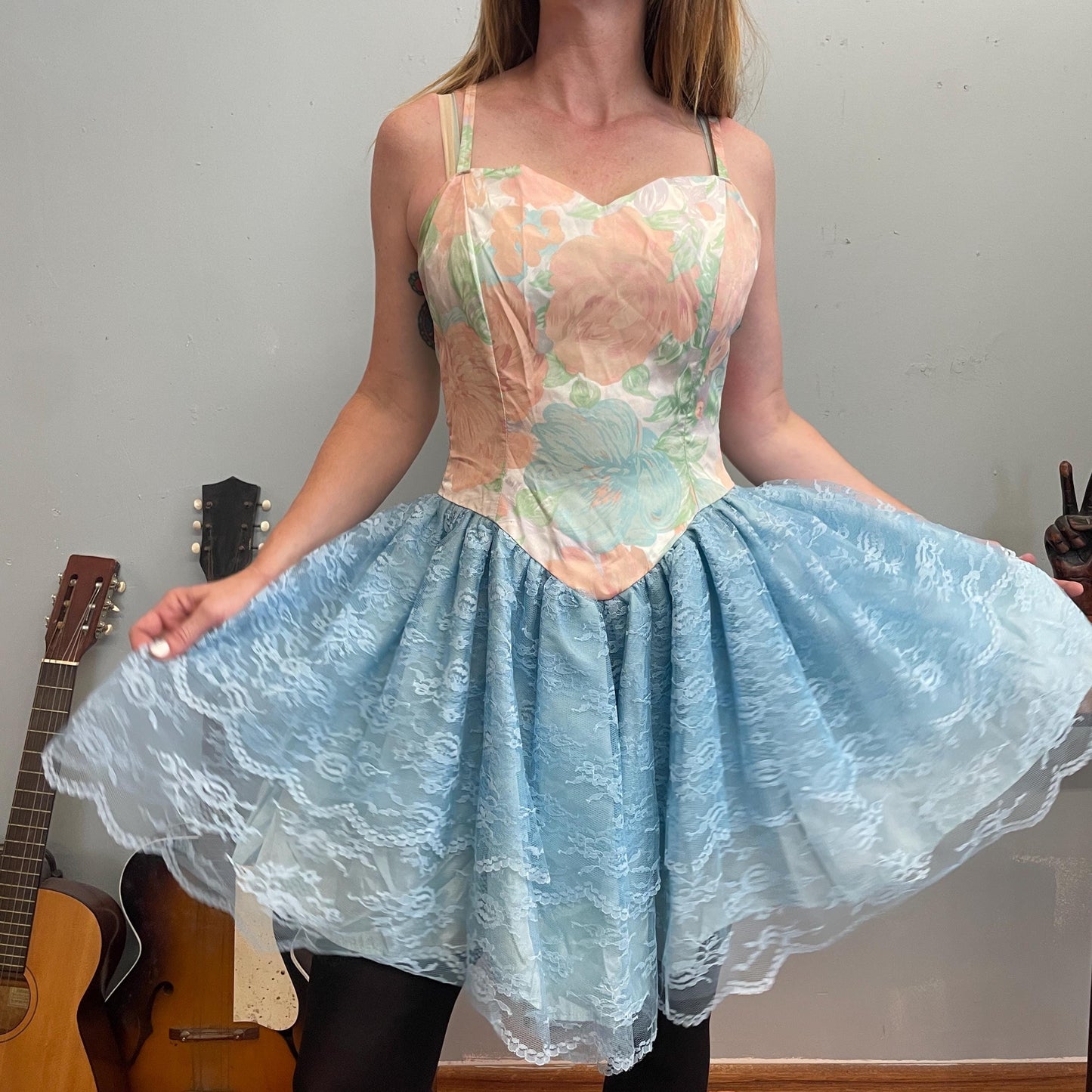 vtg 80s PASTEL FAIRY DRESS // sweetheart blue lace tulle asymmetrical party mini cute bow tie cyndi lauper costume madonna rocker cosplay