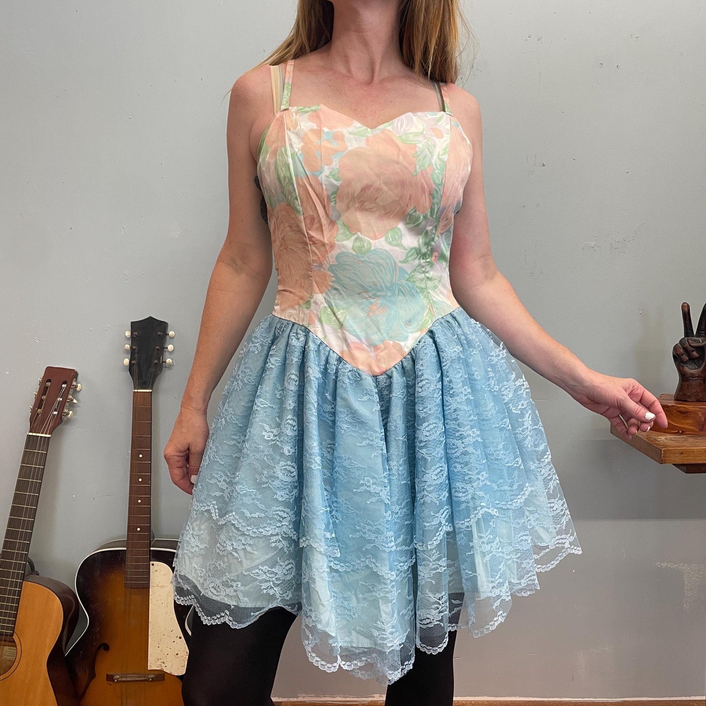 vtg 80s PASTEL FAIRY DRESS // sweetheart blue lace tulle asymmetrical party mini cute bow tie cyndi lauper costume madonna rocker cosplay