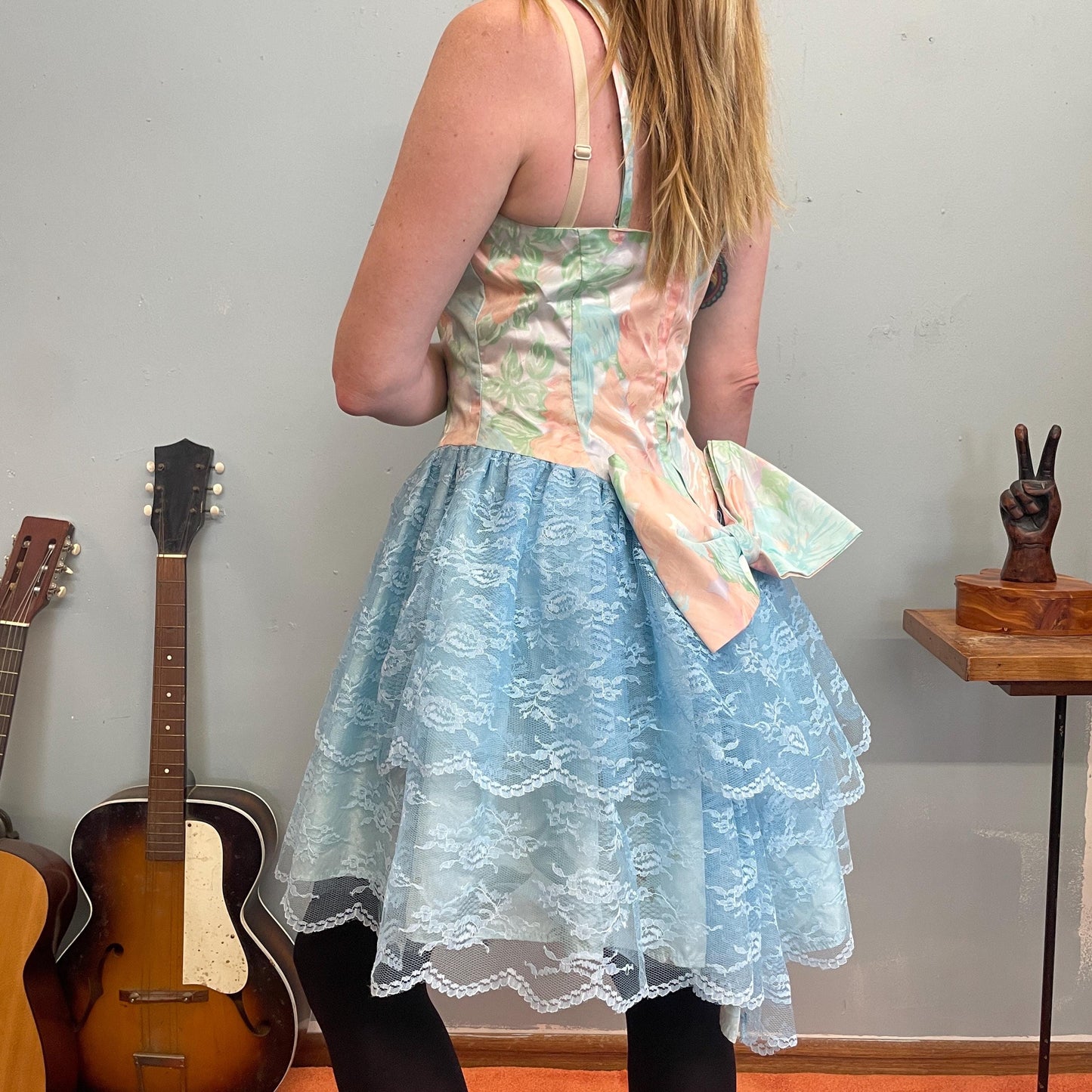 vtg 80s PASTEL FAIRY DRESS // sweetheart blue lace tulle asymmetrical party mini cute bow tie cyndi lauper costume madonna rocker cosplay