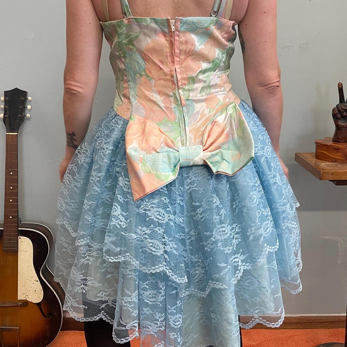 vtg 80s PASTEL FAIRY DRESS // sweetheart blue lace tulle asymmetrical party mini cute bow tie cyndi lauper costume madonna rocker cosplay
