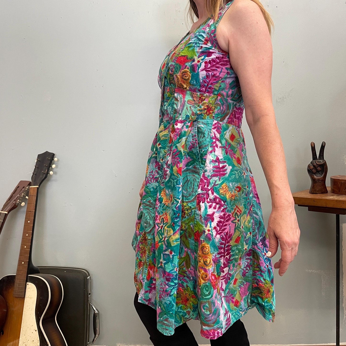 vtg 80s FLORAL CUT OUT Dress // all over print funky patterned midi back to school  tent dress teacher core tank mini psychedelic flower