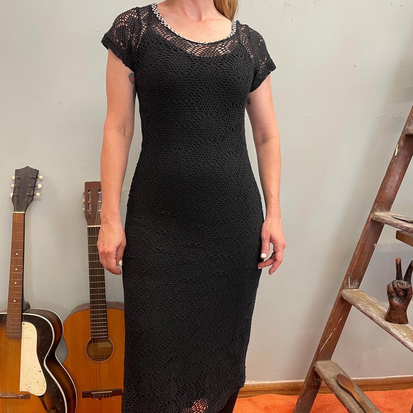 vtg 90s BLACK CROCHET DAISY Dress // sheer mesh white flower lined full length net maxi tank dress soft goth school minimalist lbd y2k style