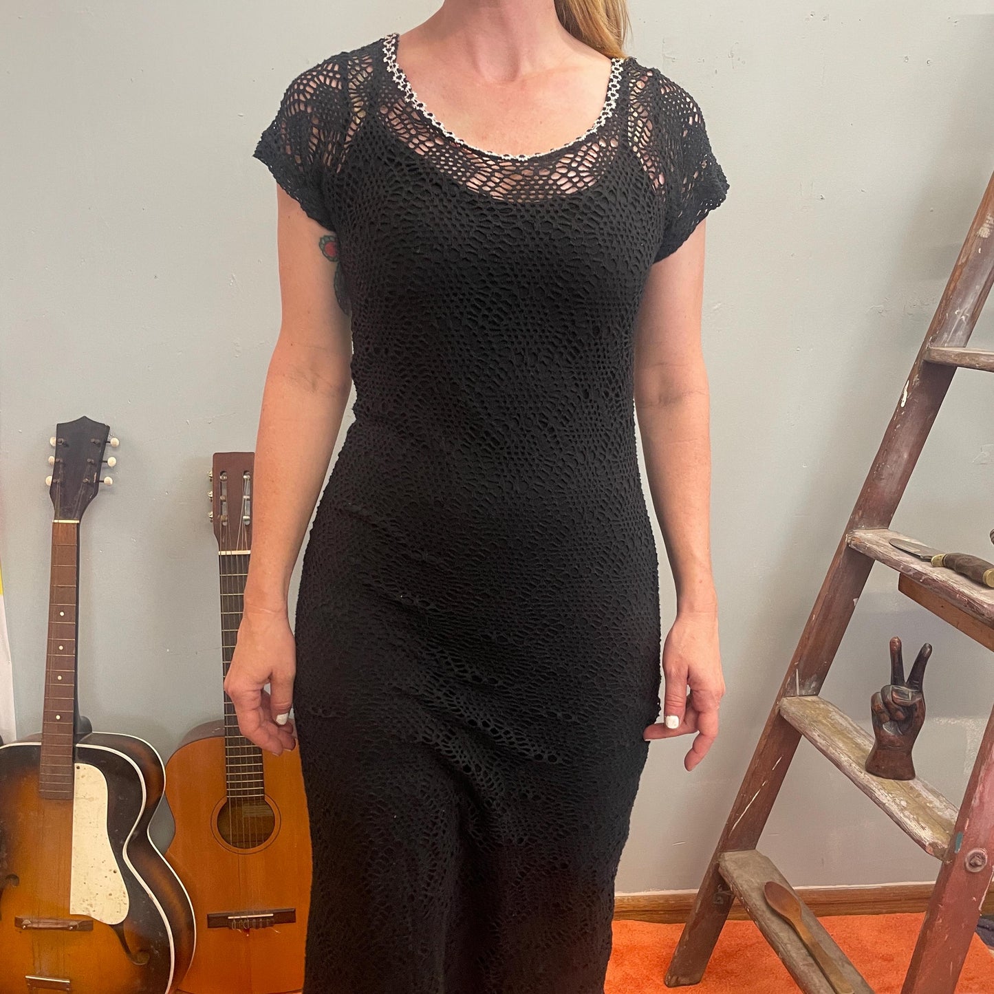 vtg 90s BLACK CROCHET DAISY Dress // sheer mesh white flower lined full length net maxi tank dress soft goth school minimalist lbd y2k style