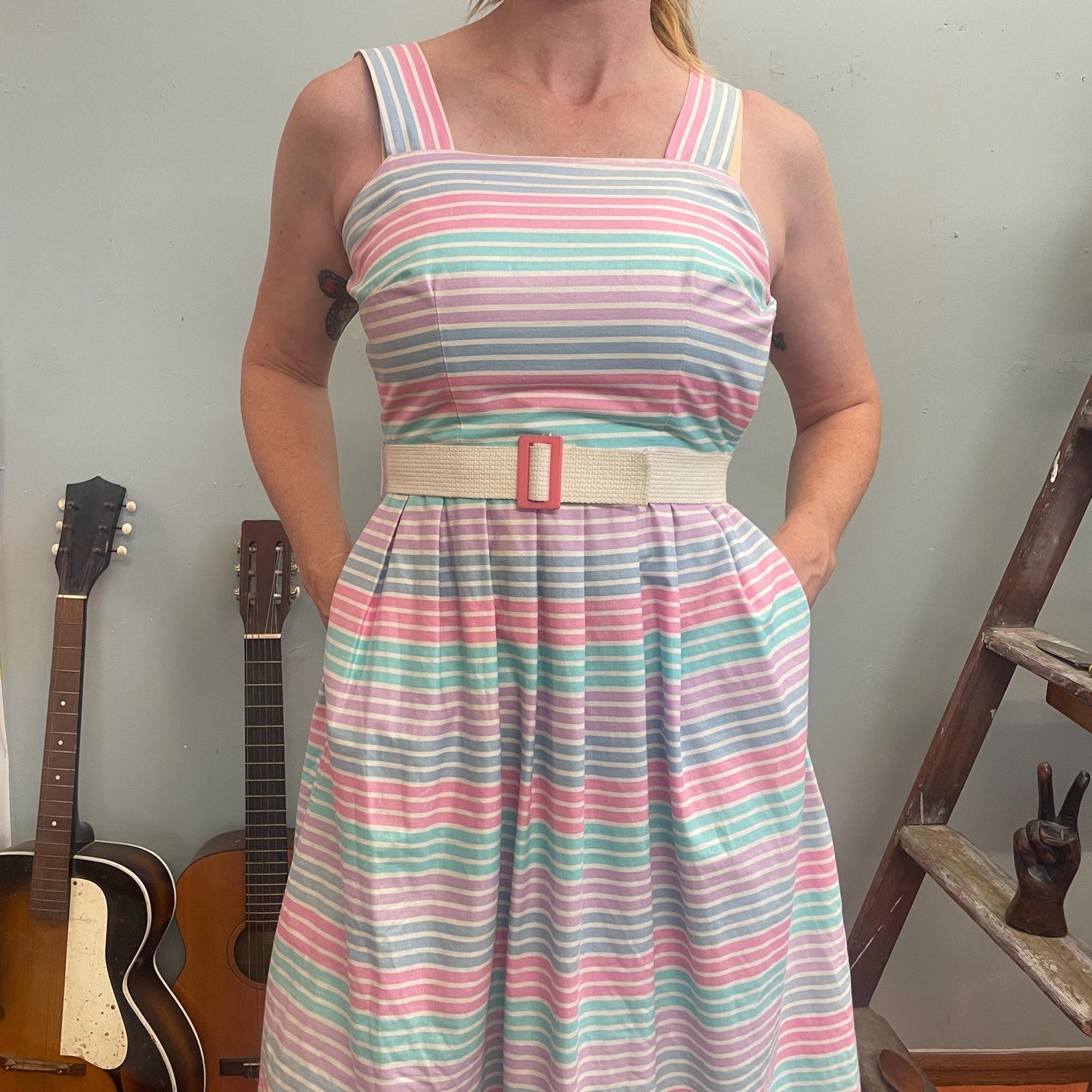vtg 70s PASTEL STRIPED BELTED Dress // pockets cute preppy retro day dress fit n flare midi rainbow fairy tank dress valley girl 80s school