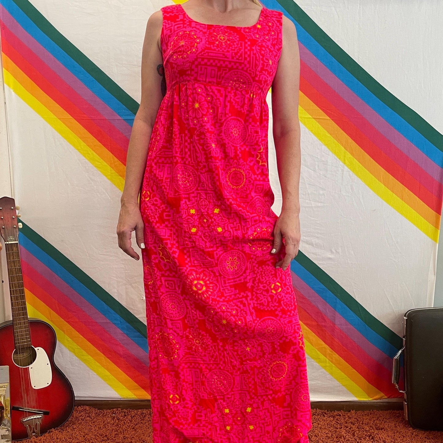 vtg 70s NEON PSYCHEDELIC MAXI // bright neon pink & yellow day glow tank dress hawaiian barkcloth hippie bohemian long flowy gown halloween