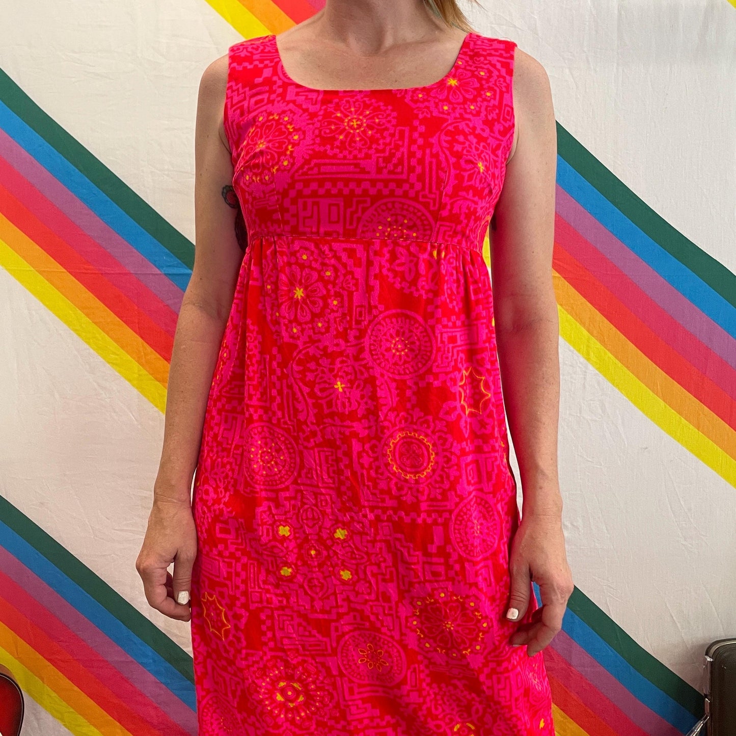 vtg 70s NEON PSYCHEDELIC MAXI // bright neon pink & yellow day glow tank dress hawaiian barkcloth hippie bohemian long flowy gown halloween